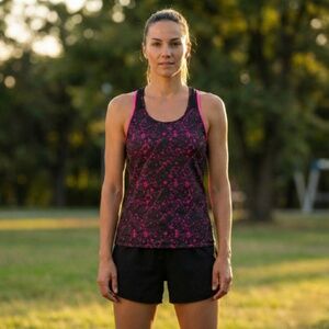 Danskin Now Tank Top Shelf Bra Splatter Print Black Pink Racerback XL Dri-More